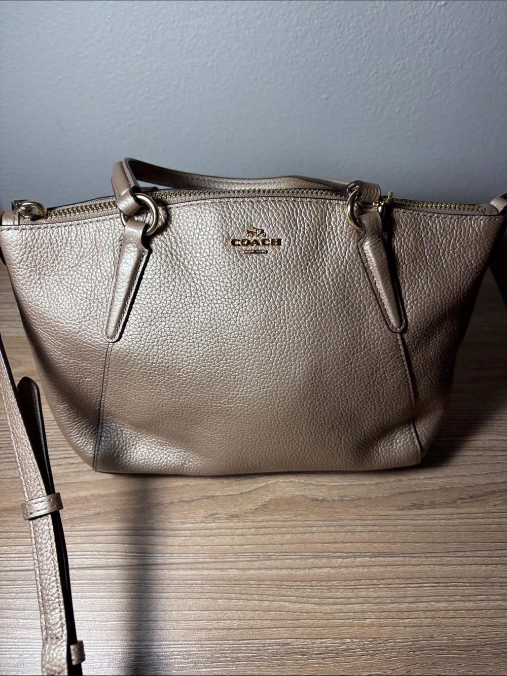 Coach Metallic Taupe Pebbled Mini Leather Shoulder Bag